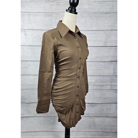 Zara Button Up Bodycon Shirt Dress with Ruching Tan Size Medium - Picture 9 of 11